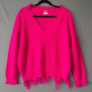Main Strip Womens Distressed Chunky Knit Sweater L Hot Pink Frayed Oversized